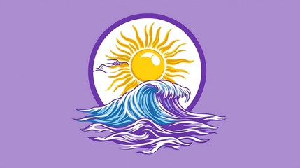 Obraz premium An eye-catching circular logo that captures a picturesque beach scene with a glowing sun and gently curling waves below it. The harmonious composition is balanced, focusing on the sun and waves while