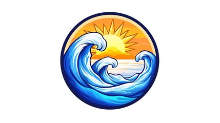 Obraz premium A charming circular logo showcasing a bright sun setting over tranquil waves, designed to represent a serene beach resort. The sun emits warm tones while the waves are illustrated in cool blues,