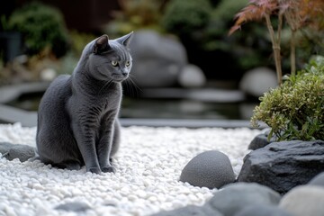 Obraz premium Zen garden setting with Russian Blue cat in harmonious composition