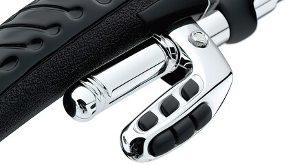 Close-up of chrome motorcycle handlebar controls with buttons and textured grips.