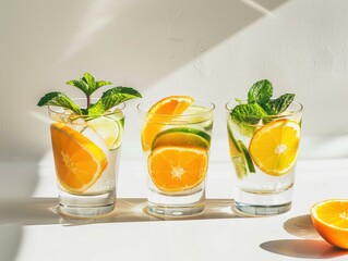 Fototapeta premium Refreshing Citrus and Mint Drinks on a Light Background