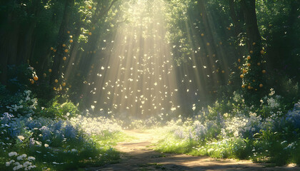 Sunlit forest path, flowers, magical