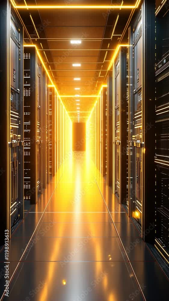 Poster bright corridor of a modern data center illuminated by vibrant light and advanced server technology