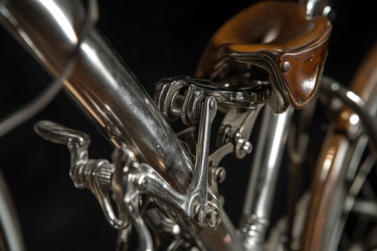 A detailed view of a bike's saddle, ideal for usage in articles about cycling or as a decorative element