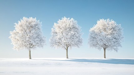  Three trees covered in snow, with a clear blue sky and white background.