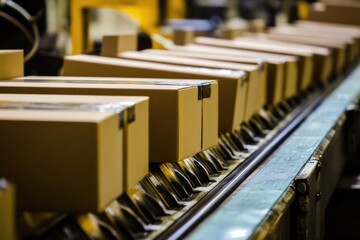 A busy industrial setting with a conveyor belt carrying various packages and boxes, ideal for business or commercial uses