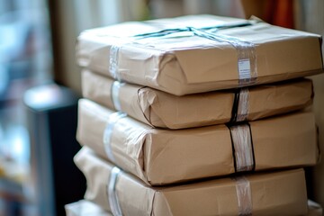 Packages stacked on top of each other, various sizes and shapes