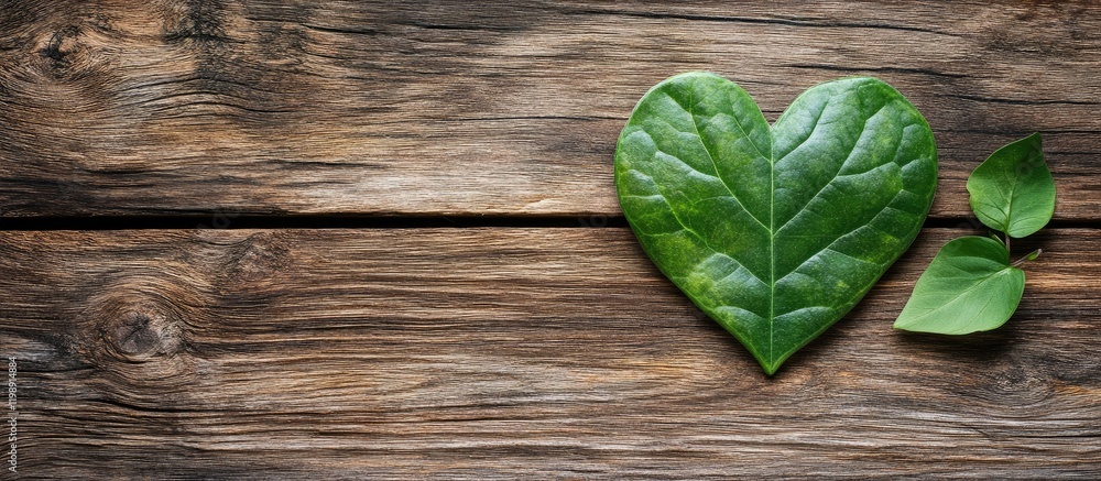 Poster heart-shaped green leaf and smaller leaf on weathered wooden background with copy space for text ins