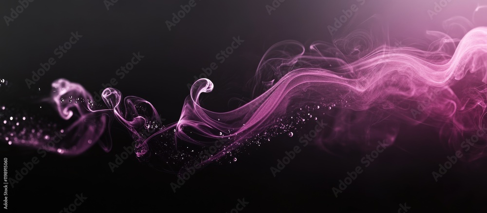 Poster abstract pink smoke wave on a dark background with soft glowing particles and ample copy space for t