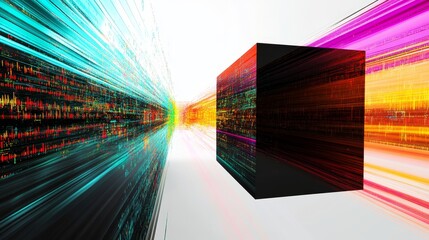 A conceptual visual of data exchange  vibrant streams flowing in and out of a central box