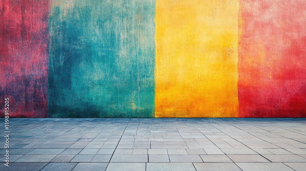 Poster colorful textured wall with abstract patterns in blue, yellow, and red hues featuring a tiled floor 