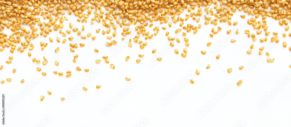 Poster golden grain falling on white background with copy space for text or design elements.