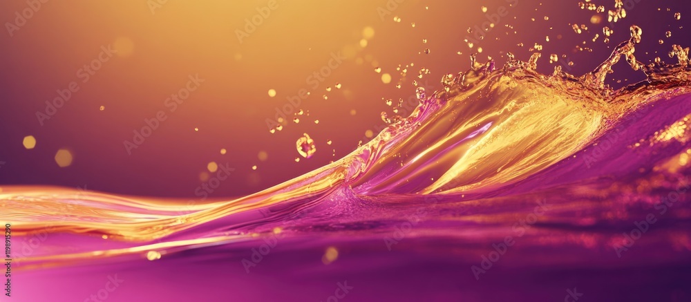 Poster colorful abstract water splash with golden and purple tones and bokeh effect with smooth waves and c