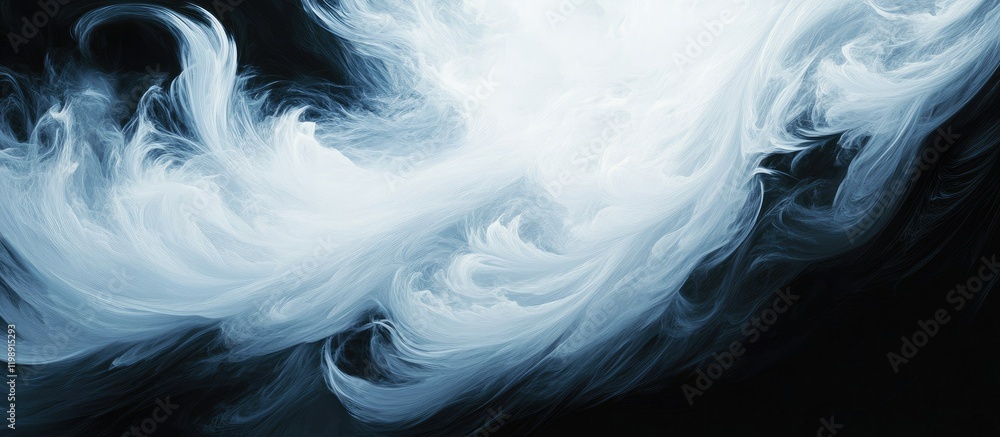 Poster abstract swirling white smoke on a dark background with ample copy space for text placement.