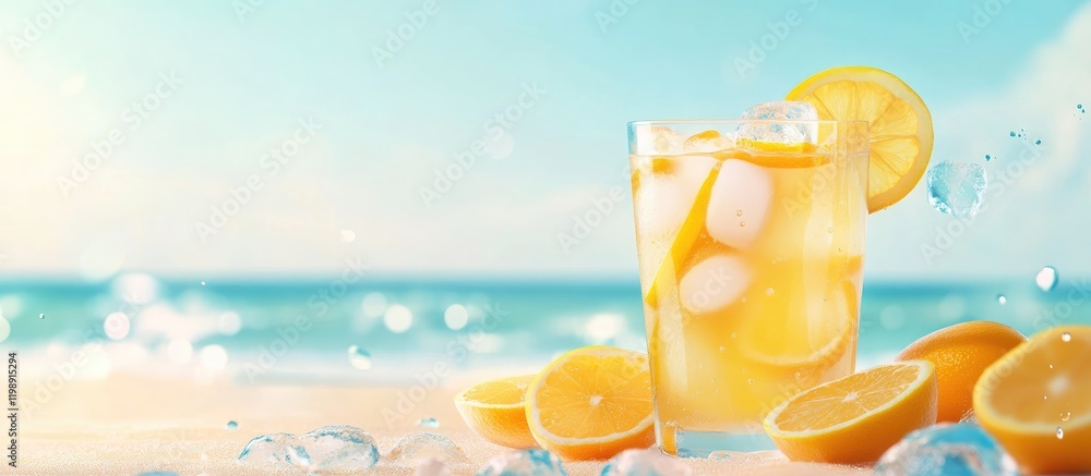 Poster fresh lemonade in a glass with ice and lemon slices on sandy beach with ocean waves in background co