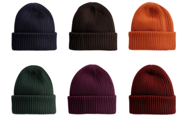 6 blank solid color beanie mockups, plain and flat design, no patterns or designs on the hats, isolated on a transparent background