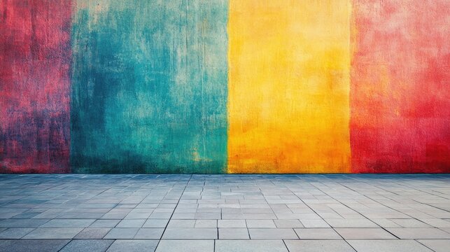 Colorful textured wall with abstract patterns in blue, yellow, and red hues featuring a tiled floor and ample copy space for text insertion
