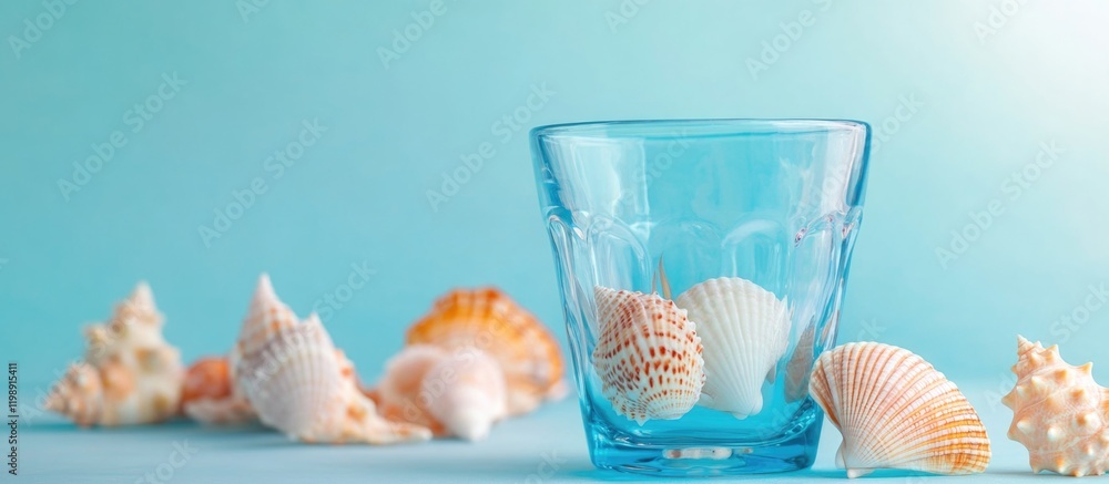 Poster glass with seashells on a blue background with soft lighting and decorative elements copy space
