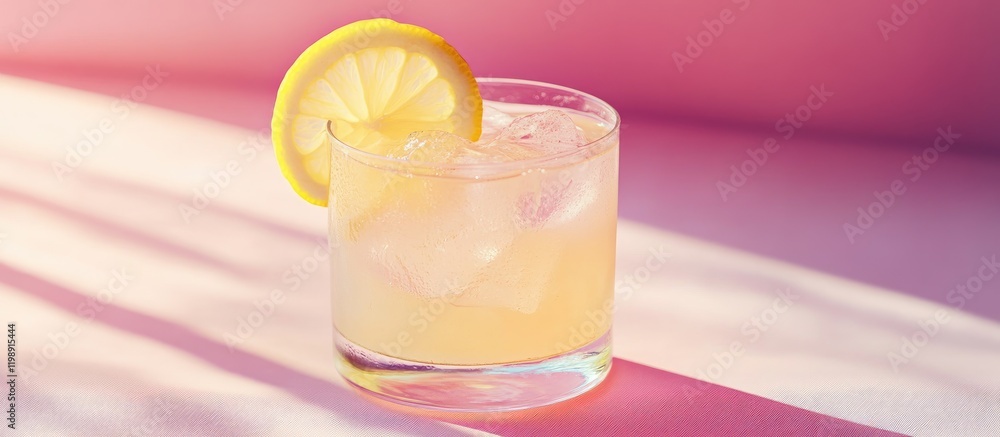 Poster refreshing lemonade cocktail with ice in a glass featuring a lemon slice on a pink gradient backgrou