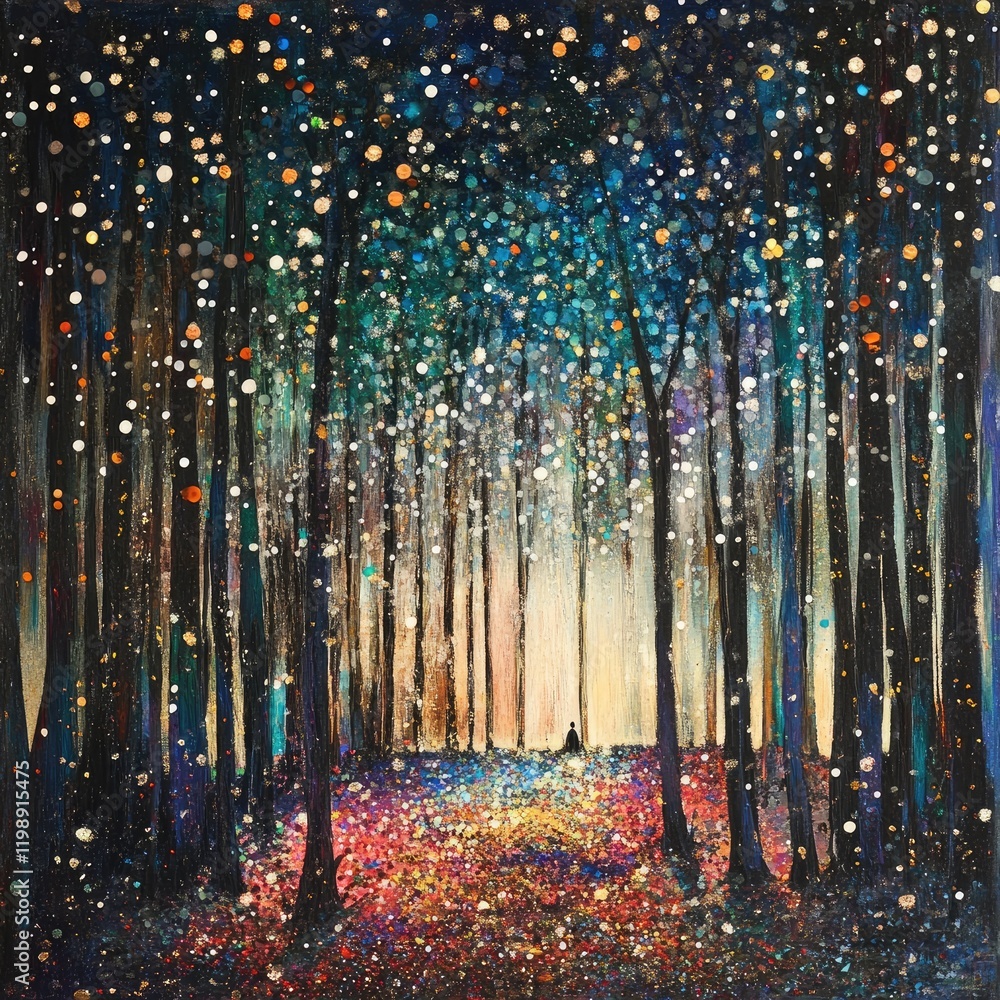 Poster colorful abstract landscape featuring trees with vibrant foliage and a gradient sky created with ill