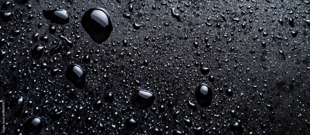 Poster macro shot of water droplets on a dark surface with reflections and copy space for text placement.