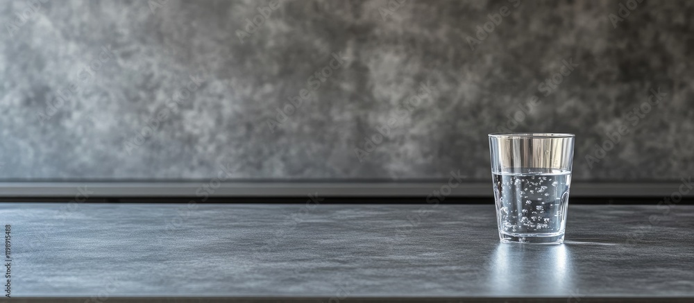 Poster glass of water on a dark textured surface with copy space for text and minimalistic background desig