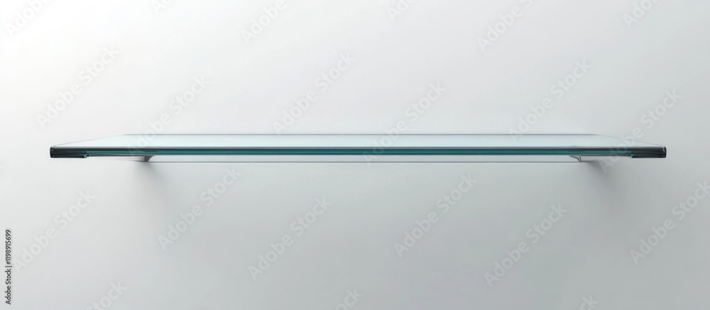 Poster modern minimalist glass shelf on white background with copy space for product display or branding.