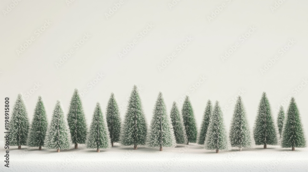 Poster snow-covered miniature evergreen trees on a white background with ample copy space for text.