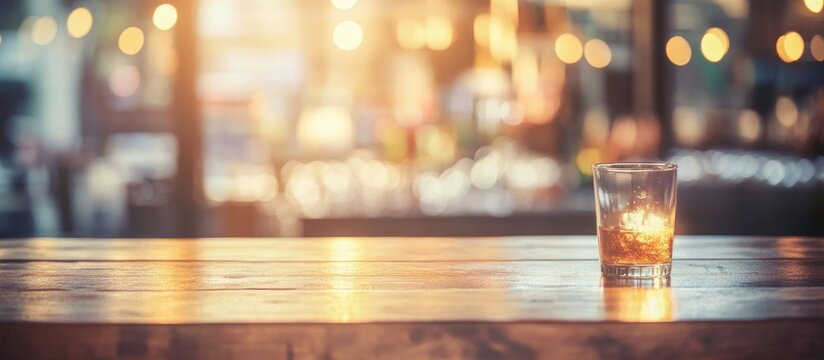 Glass of whiskey on a wooden bar top with warm bokeh lights in the background Copy Space