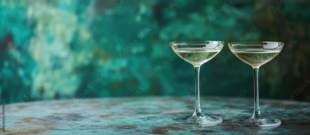 Poster elegant champagne glasses on a textured surface with a colorful blurred background and ample copy sp