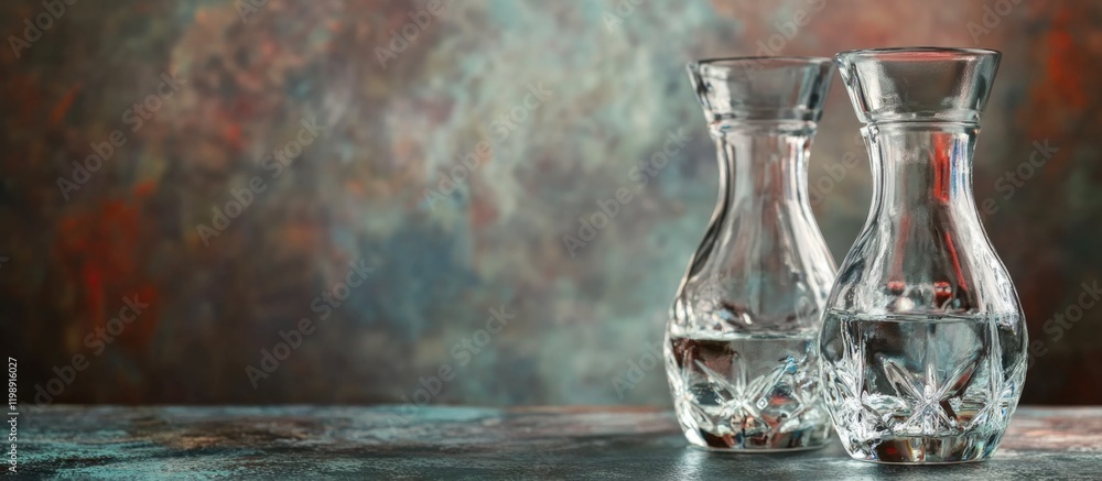 Poster two glass carafes with water on a textured background with muted colors and copy space for text plac