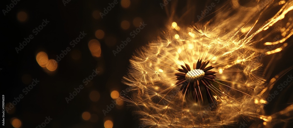 Poster close-up of a glowing dandelion seed head with illuminated fine hairs against a dark background with