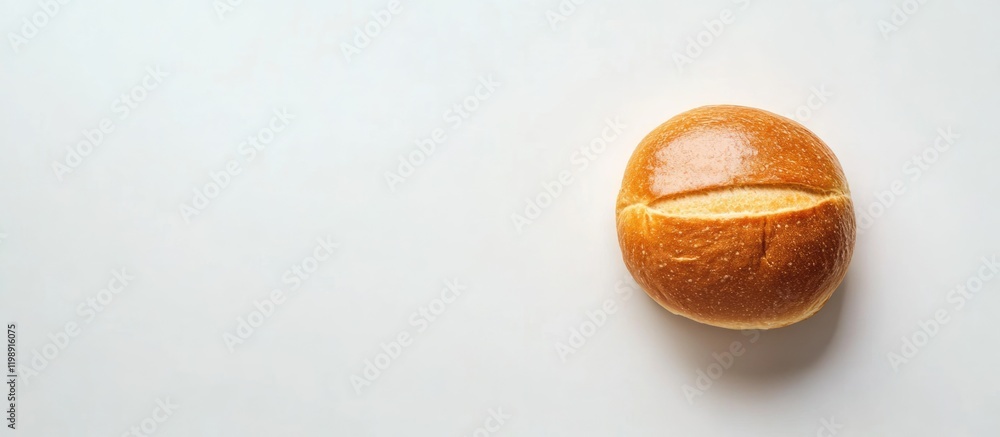 Poster single freshly baked round bread roll on plain white background with ample copy space for text place