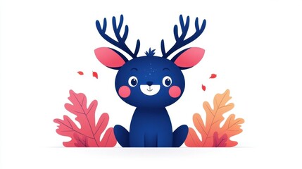 Fototapeta premium Cute cartoon deer with antlers autumn leaves