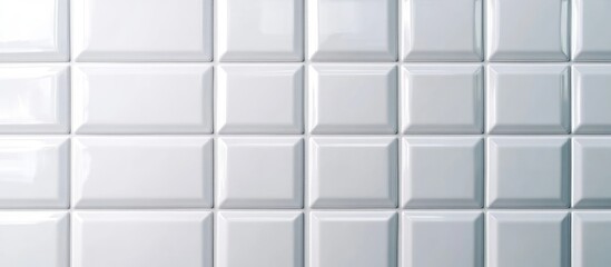 Fototapeta premium Shiny white ceramic tile wall background with raised square pattern and copy space for text