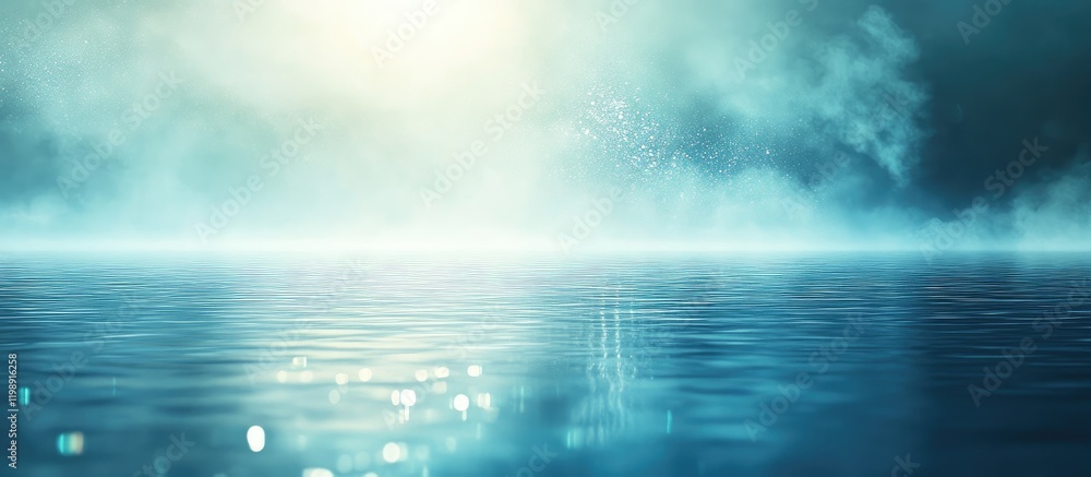 Poster misty water surface under soft sunlight with reflection and copy space for text