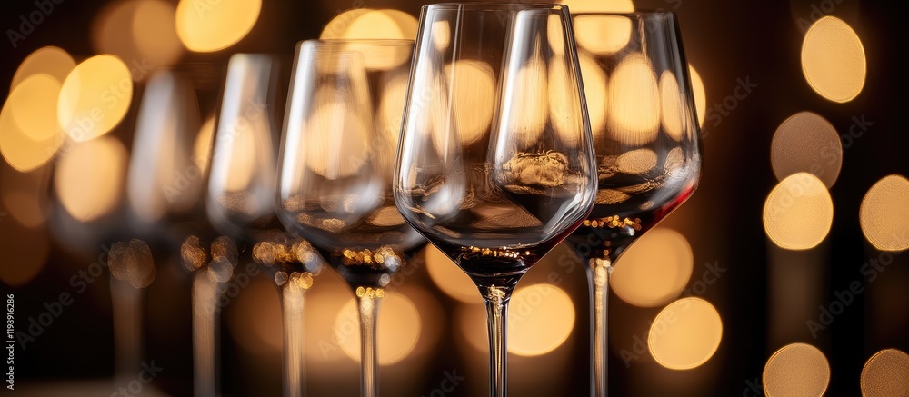 Poster elegant row of wine glasses in front of warm bokeh lights copy space available for text placement