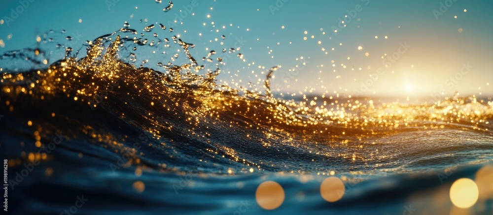 Poster golden sparkling waves at sunset with bokeh effects and copy space for text