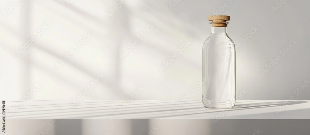 Poster glass bottle with cork stopper on a light surface casting shadows in a minimalistic setting copy spa