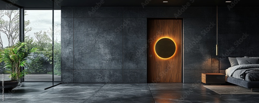 Poster modern minimalist interior with large window and circular design