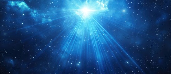 Bright blue cosmic background with rays of light emanating from a central source in a starry night sky Copy Space