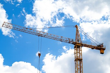 A crane perched high above the ground, with nothing but sky and clouds around it