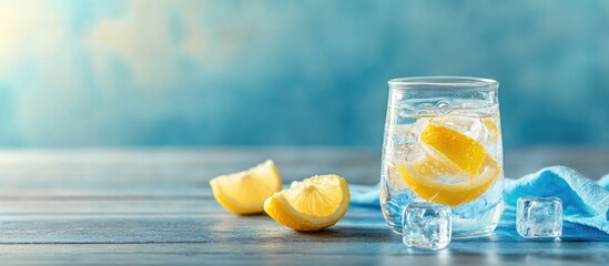 Obraz premium Refreshingly chilled glass of water with lemon slices and ice cubes on wooden table with blue background and copy space.