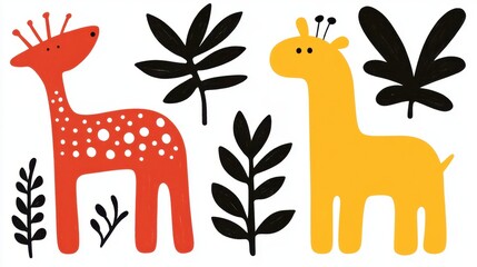 Fototapeta premium Playful giraffe with plants in modern style
