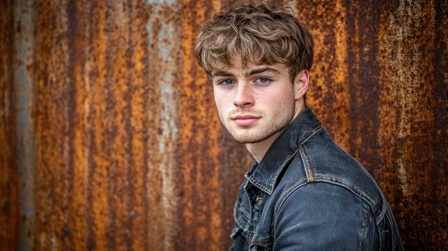 A young man with tousled hair and a denim jacket leans against a weathered, rusty metal surface. The natural light highlights his striking features and expressive eyes, creating a captivating moment