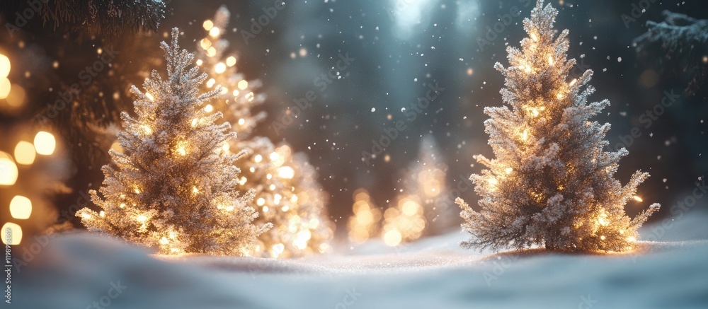 Poster christmas tree lights in a snowy forest during winter with snowfall and bokeh effect copy space