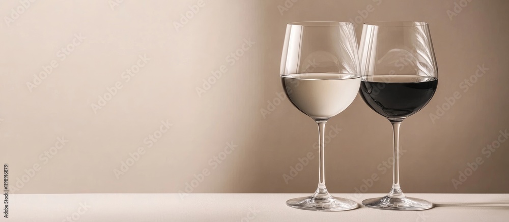 Poster white and red wine glasses on a neutral background with copy space suitable for text placement