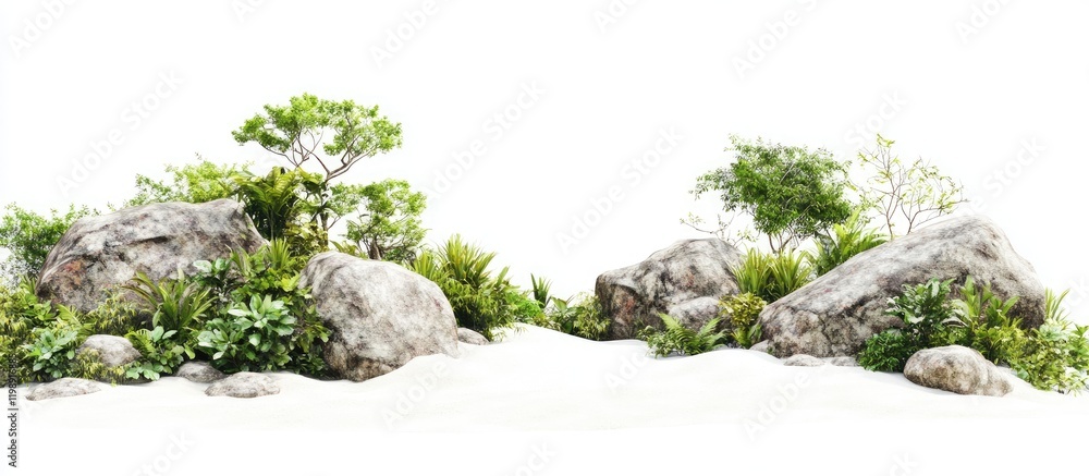 Poster tropical landscape with large rocks and greenery isolated on white background with ample copy space 