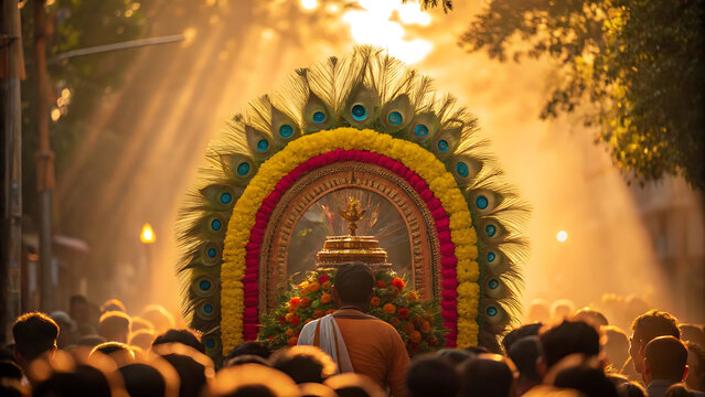 Thaipoosam cavadee festival devotee in vibrant traditional attire at sunrise.