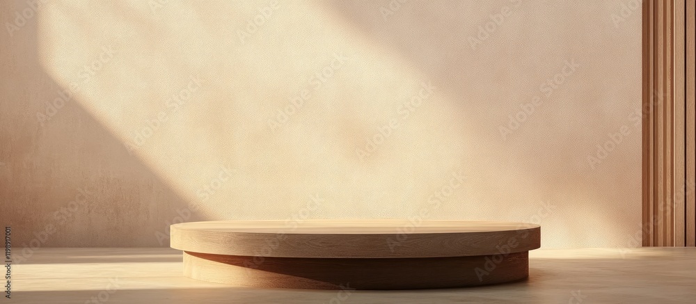 Aufkleber minimalist wooden podium in soft sunlight with textured wall in the background and ample copy space 